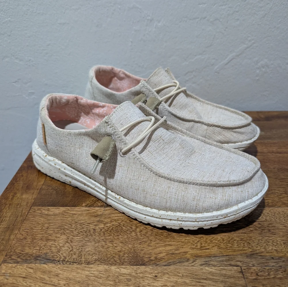 Hey‎ Dude Wendy Women Casual Shoes 7 Chambray White Nut Canvas Slip On 121410121